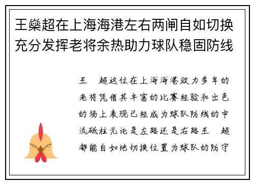 王燊超在上海海港左右两闸自如切换充分发挥老将余热助力球队稳固防线 王燊超在上海海港左右两闸自如切换充分发挥老将余热助力球队稳固防线