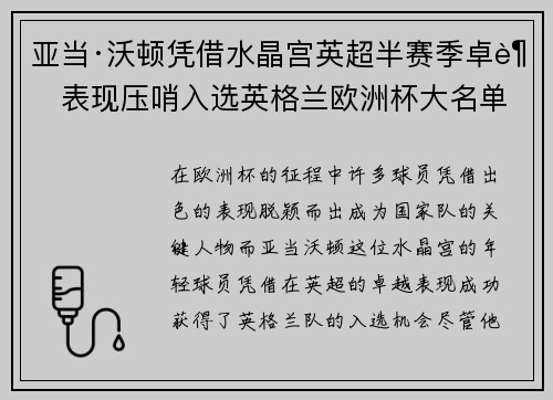 亚当·沃顿凭借水晶宫英超半赛季卓越表现压哨入选英格兰欧洲杯大名单